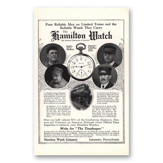 1912 Hamilton Watch Four Reliable Men Limited Trains Vintage Magazine Print Ad