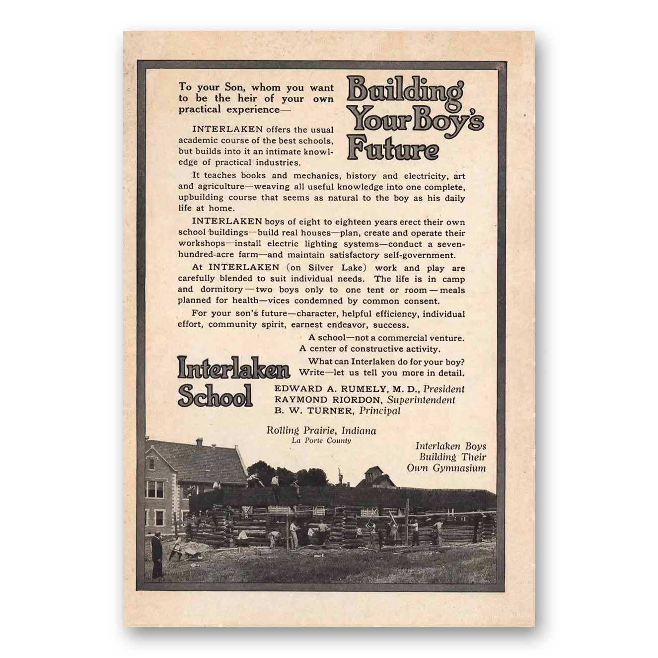 1912 Interlaken School Building Your Boys Future Vintage Magazine Print Ad