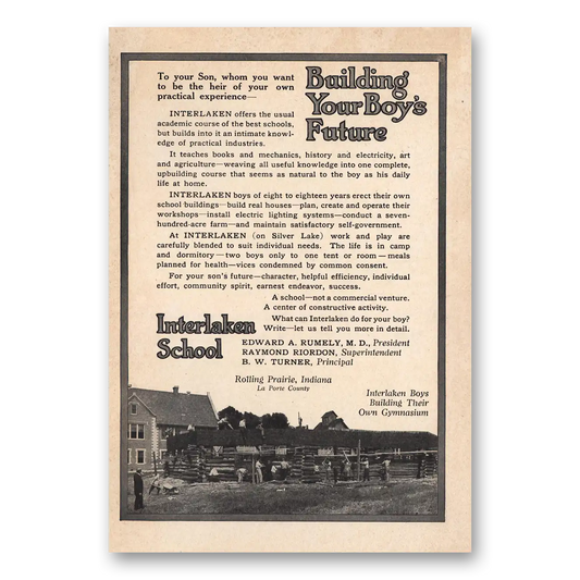 1912 Interlaken School Building Your Boys Future Vintage Magazine Print Ad