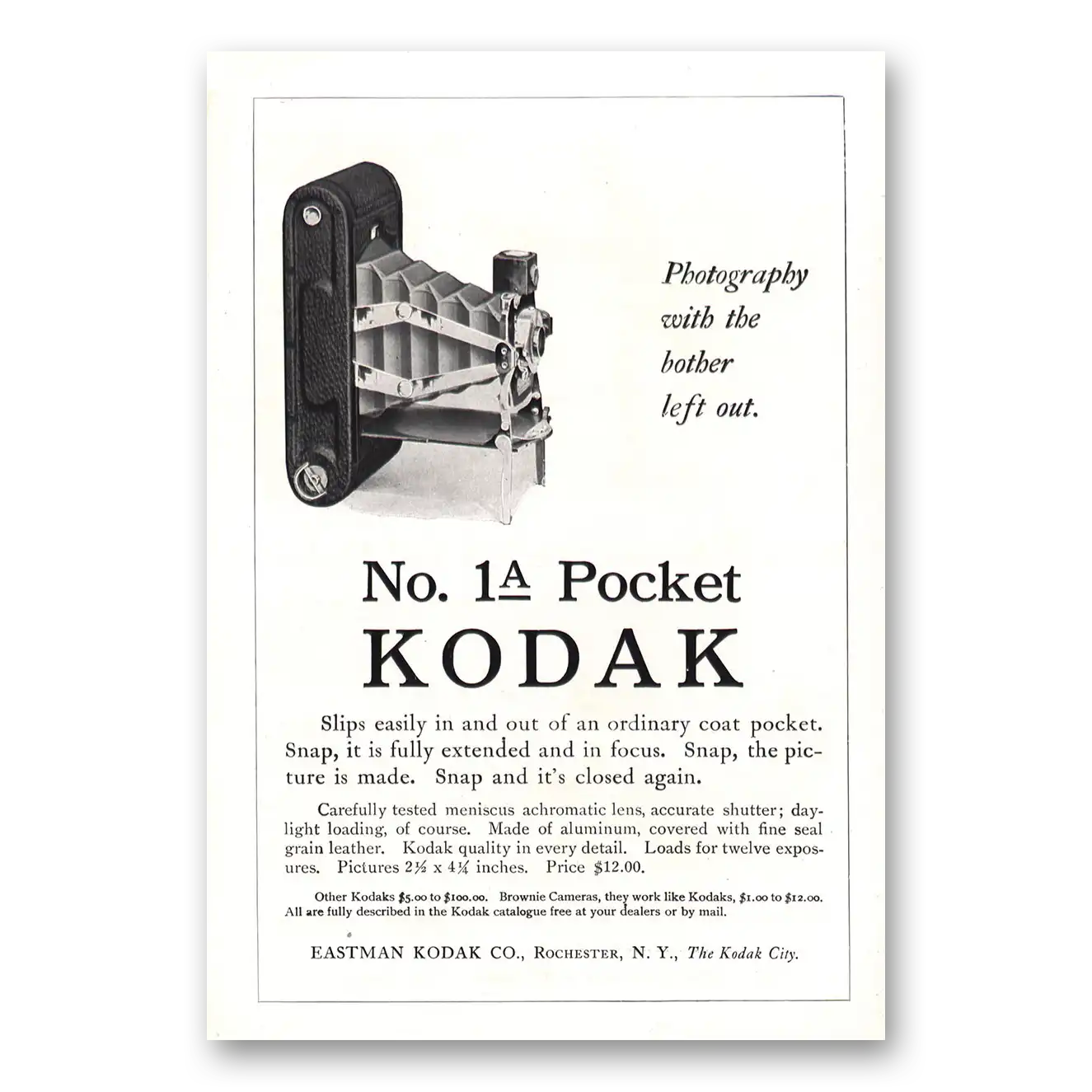 1912 Kodak Pocket Camera No 1A Pocket Vintage Magazine Print Ad