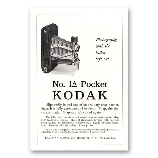 1912 Kodak Pocket Camera No 1A Pocket Vintage Magazine Print Ad