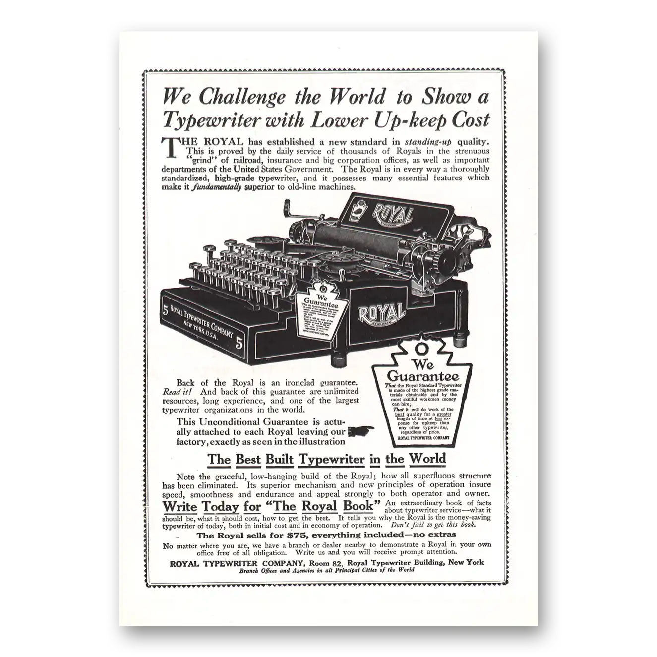 1912 Royal Typewriter Challenge the World to Show Vintage Magazine Print Ad