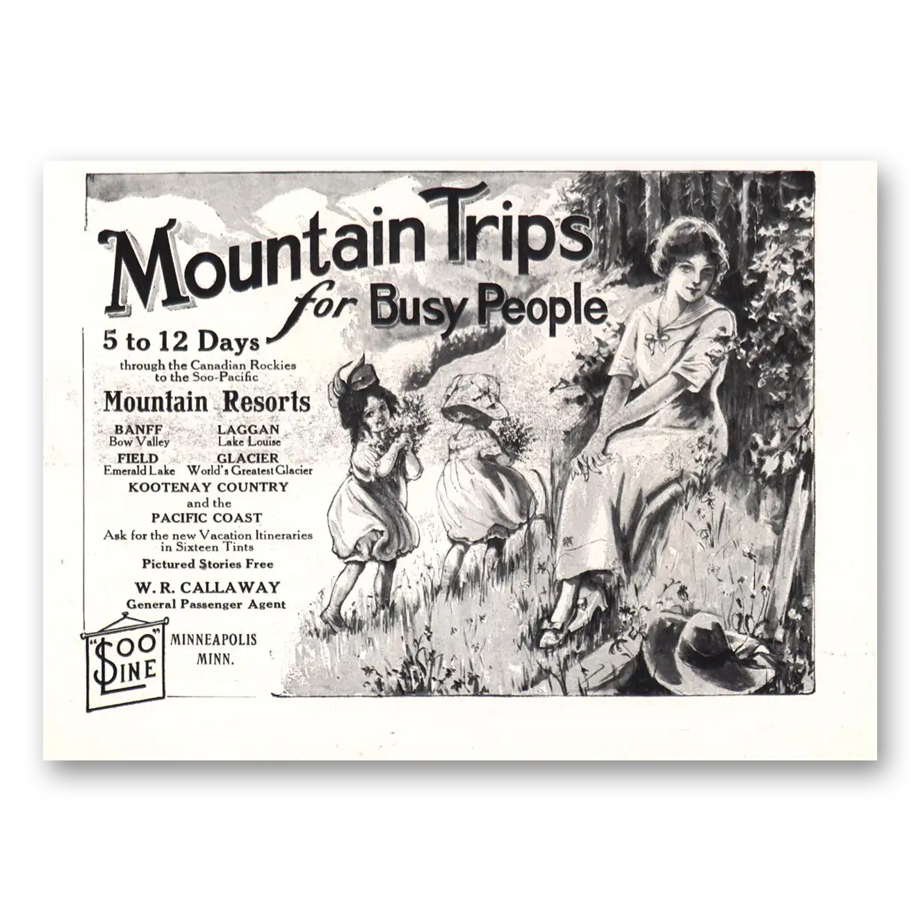 1912 Soo Line Mountain Trips for Busy People Vintage Magazine Print Ad