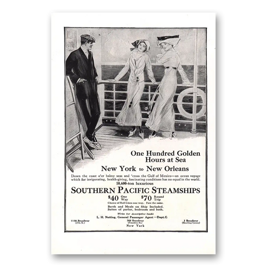 1912 Southern Pacific Steamships One Hundred Golden Hours Vintage Magazine Print Ad