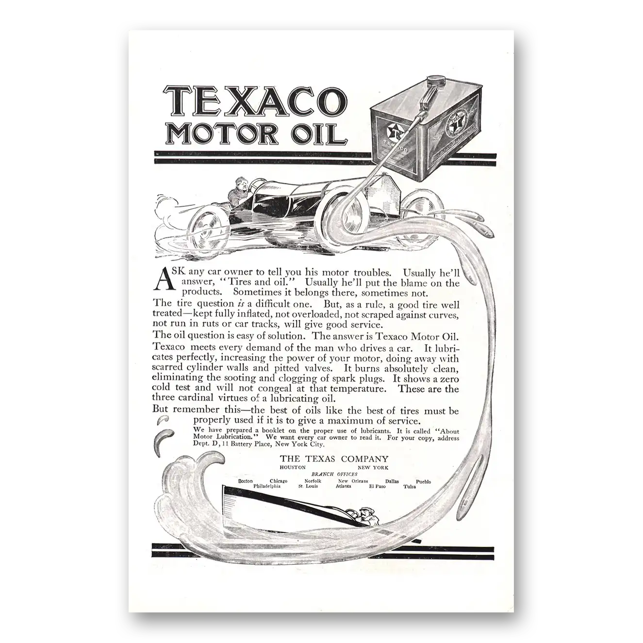 1912 Texaco Motor Oil Motor Oil Ask Any Car Owner Vintage Magazine Print Ad