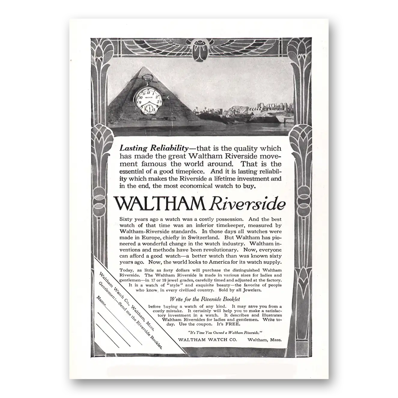 1912 Waltham Watch Riverside Watch Lasting Reliability Vintage Magazine Print Ad