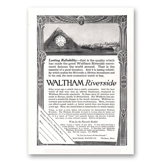 1912 Waltham Watch Riverside Watch Lasting Reliability Vintage Magazine Print Ad