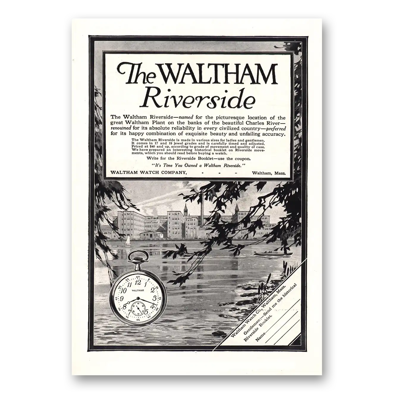 1912 Waltham Watch Riverside Watch Charles River Vintage Magazine Print Ad