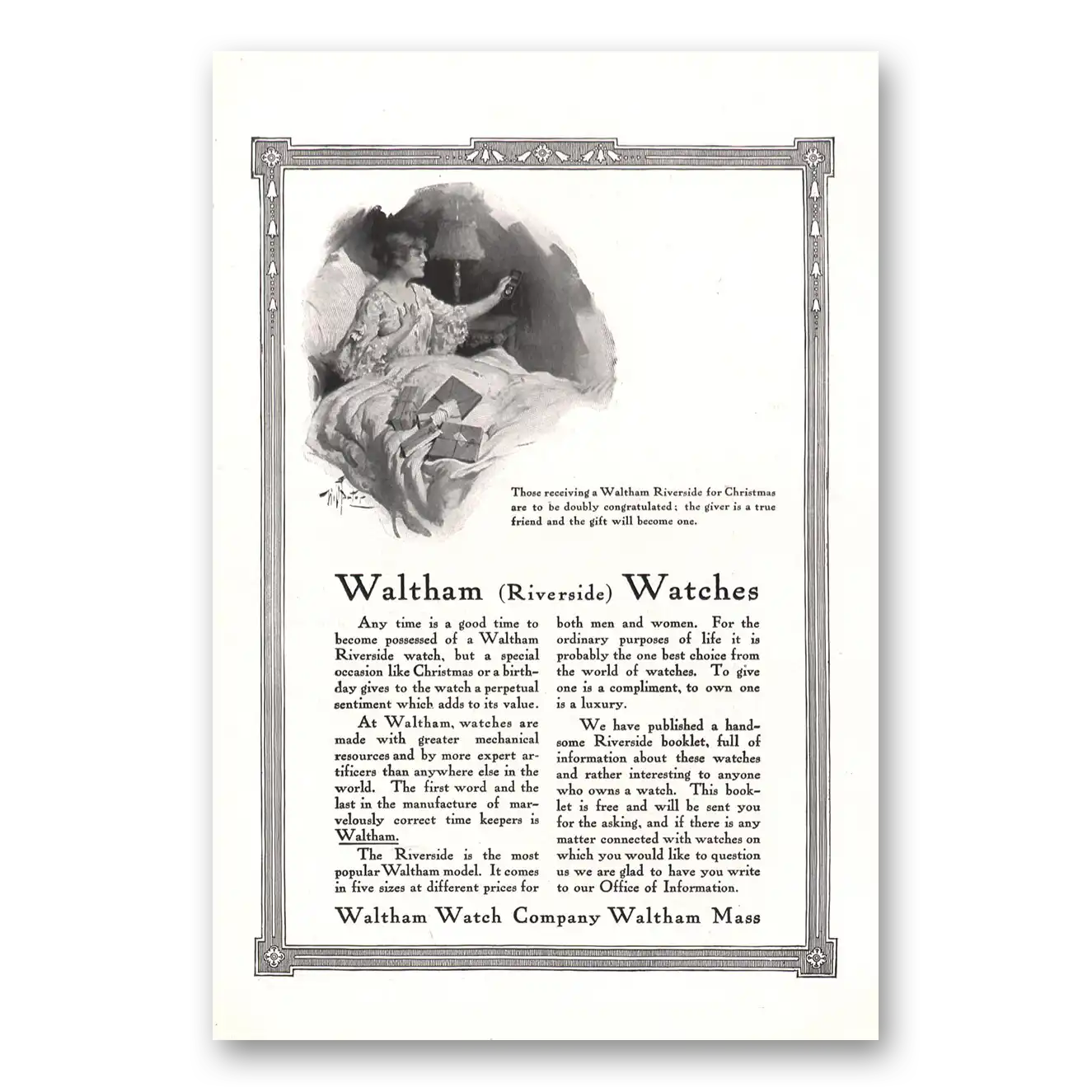 1912 Waltham Watch Riverside Any Time Is Good Time Vintage Magazine Print Ad