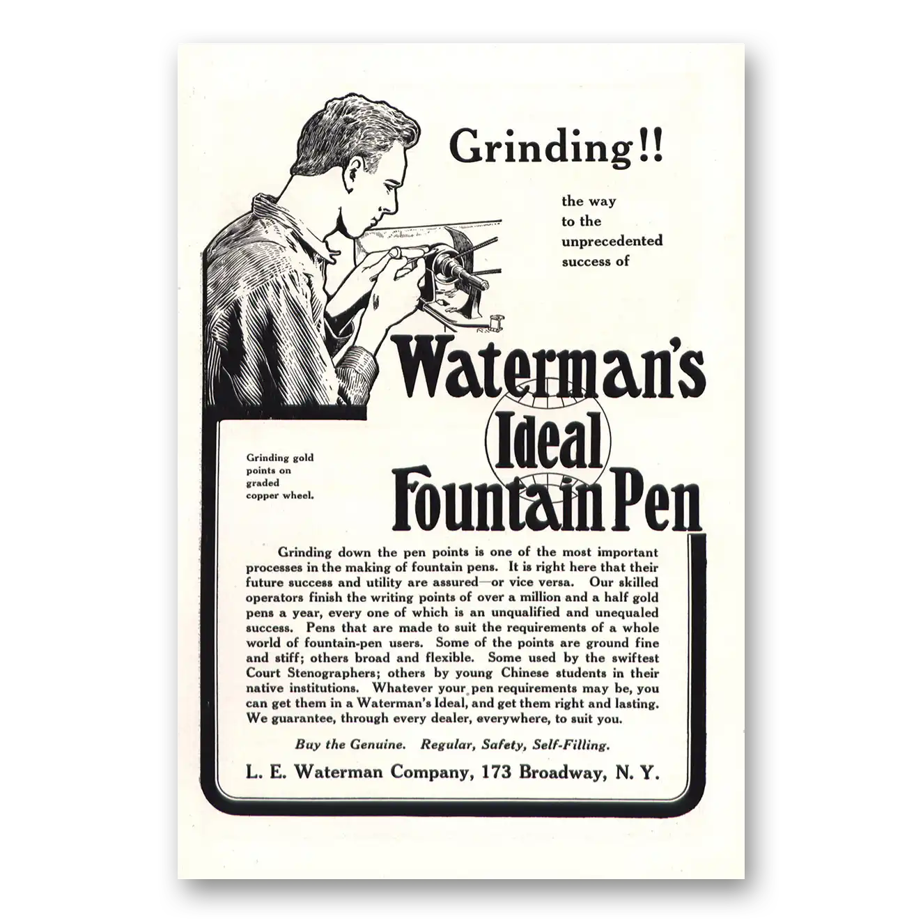 1912 Watermans Ideal Fountain Pen Grinding Down the Pen Points Vintage Magazine Print Ad