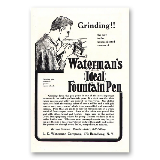 1912 Watermans Ideal Fountain Pen Grinding Down the Pen Points Vintage Magazine Print Ad