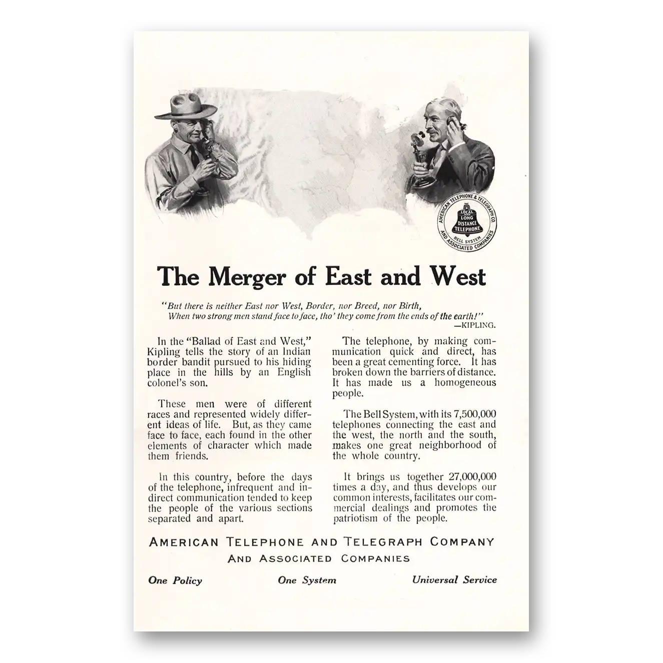 1913 American Telephone Merger of East and West Vintage Magazine Print Ad