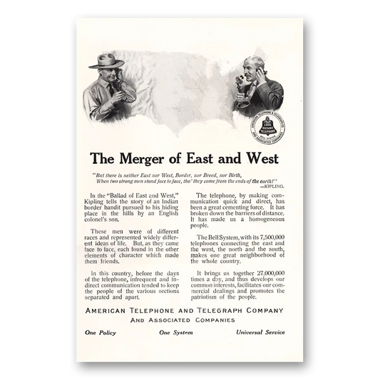 1913 American Telephone Merger of East and West Vintage Magazine Print Ad