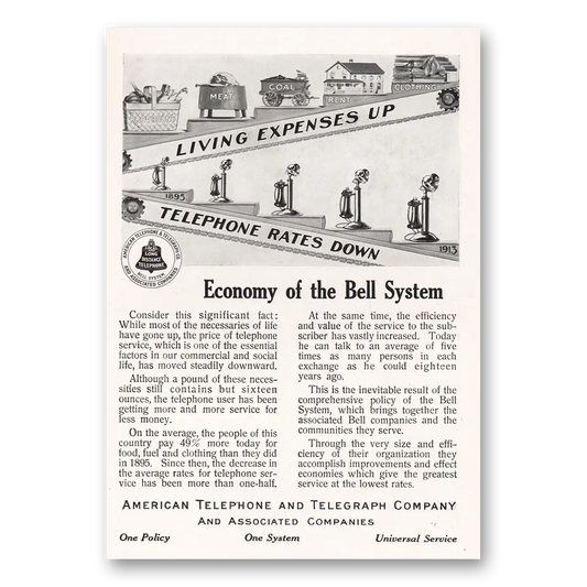 1913 American Telephone Living Expenses Up Telephone Rates Down Vintage Magazine Print Ad