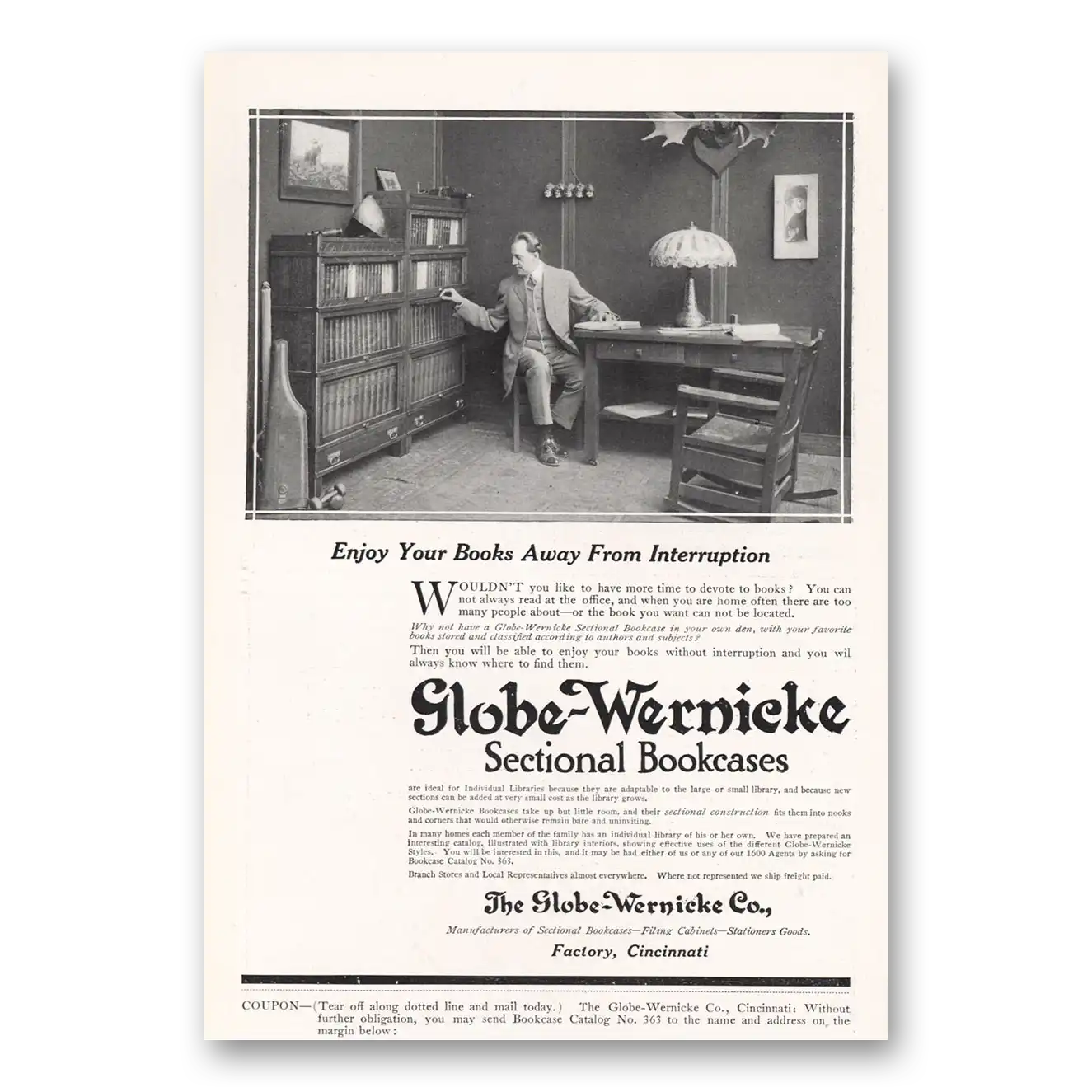 1913 Globe Wernicke Enjoy Your Books Away From Interruption Vintage Magazine Print Ad