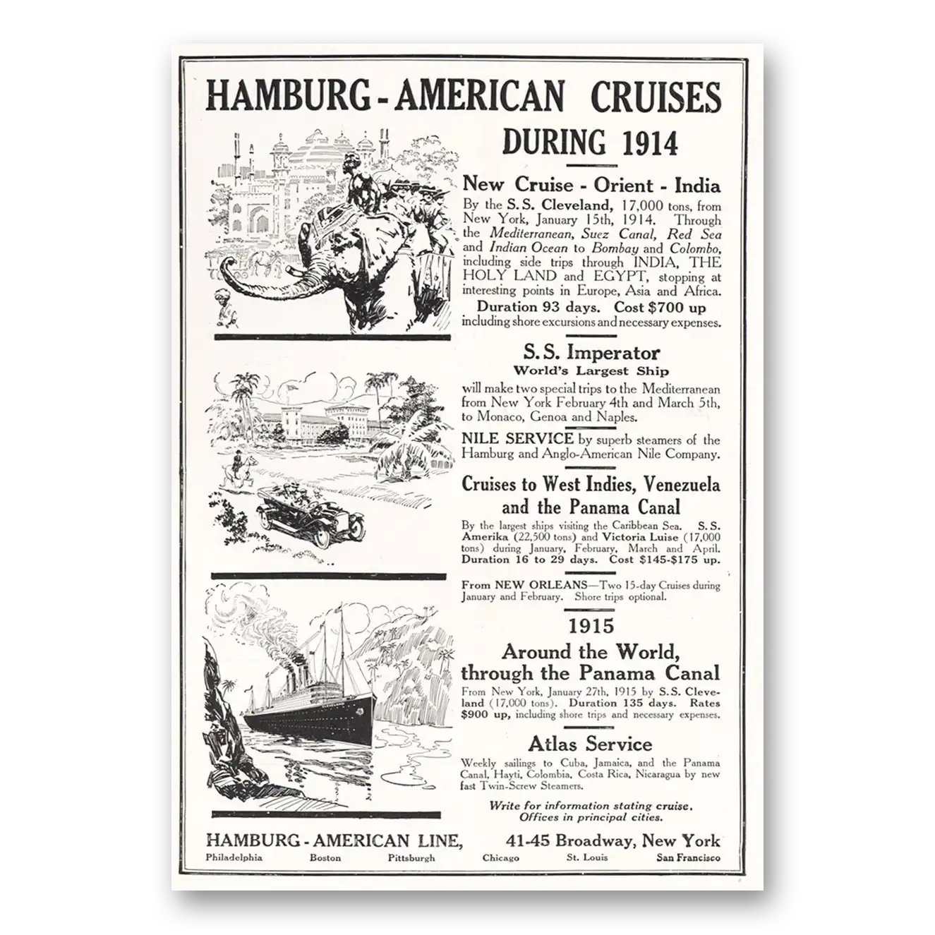 1913 Hamburg American Line Cruises During 1914 Vintage Magazine Print Ad