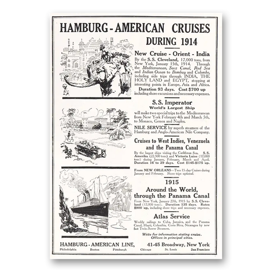 1913 Hamburg American Line Cruises During 1914 Vintage Magazine Print Ad