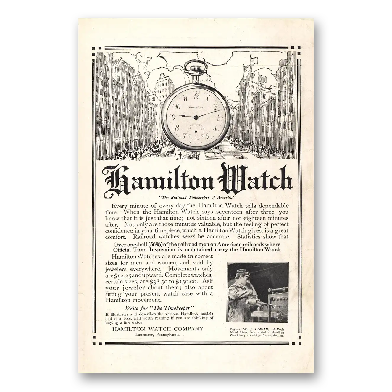 1913 Hamilton Watch Every Minute of Every Day Vintage Magazine Print Ad