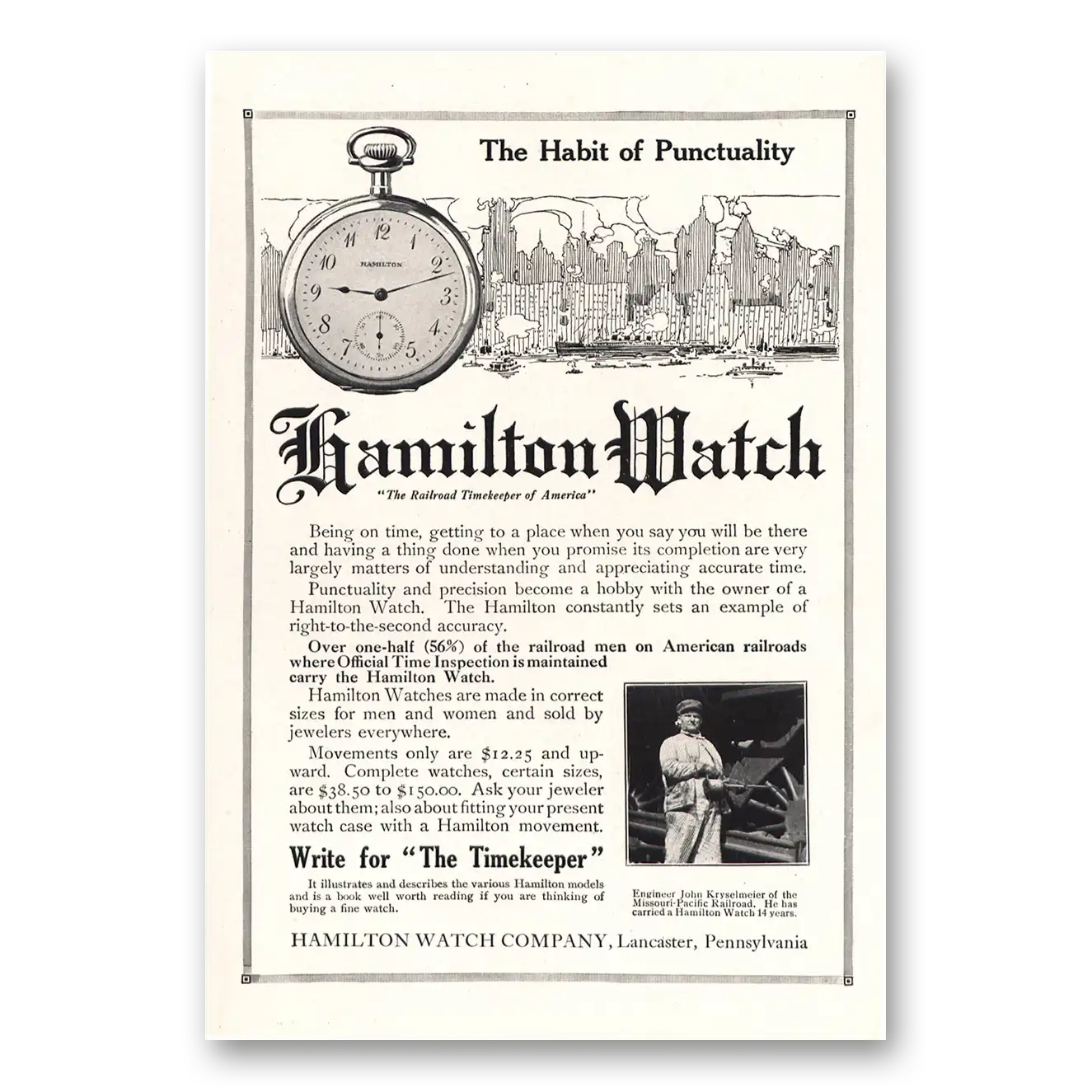 1913 Hamilton Watch Habit of Punctuality Vintage Magazine Print Ad