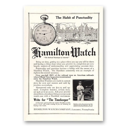 1913 Hamilton Watch Habit of Punctuality Vintage Magazine Print Ad