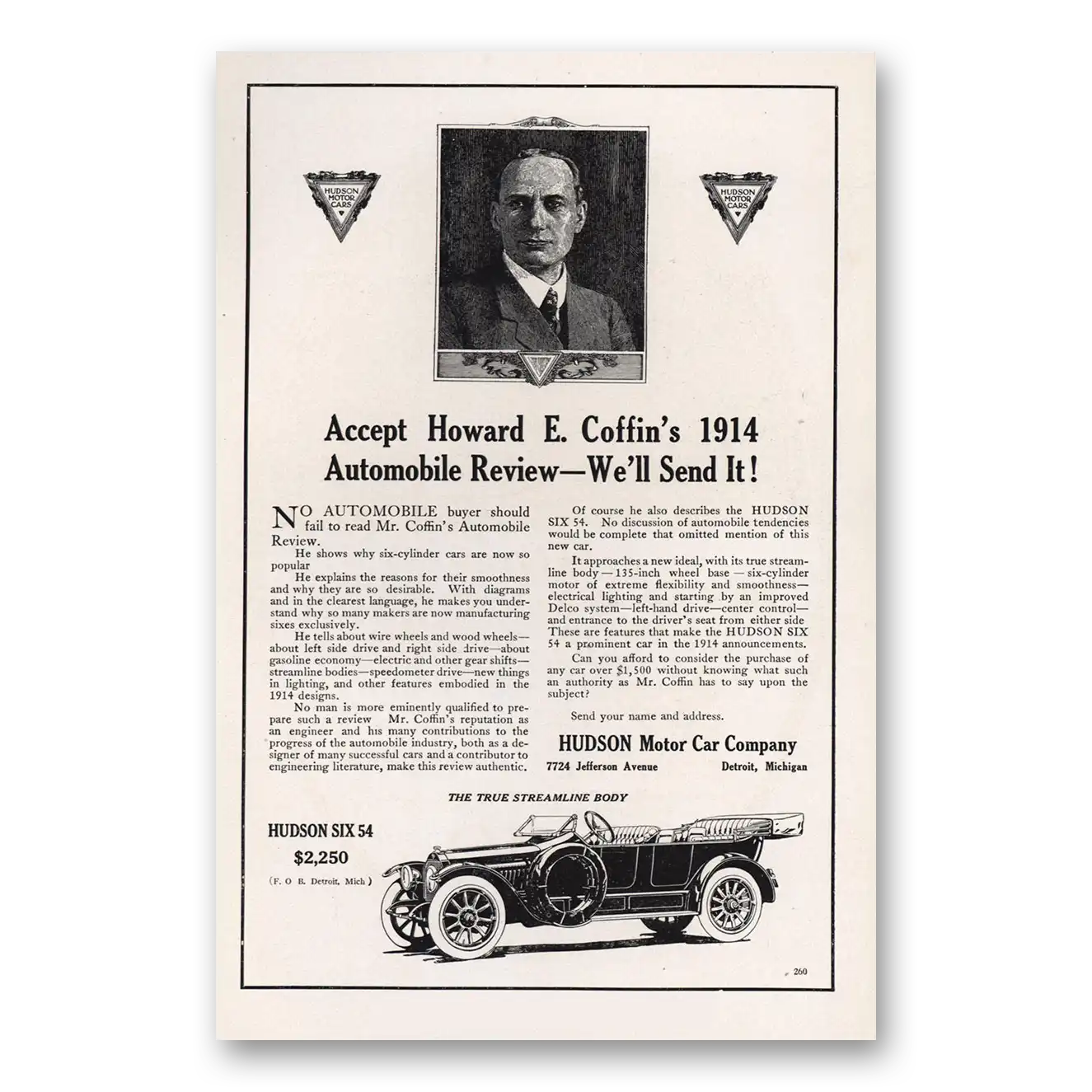 1913 Hudson Motor Car Howard E Coffins Automobile Review Vintage Magazine Print Ad