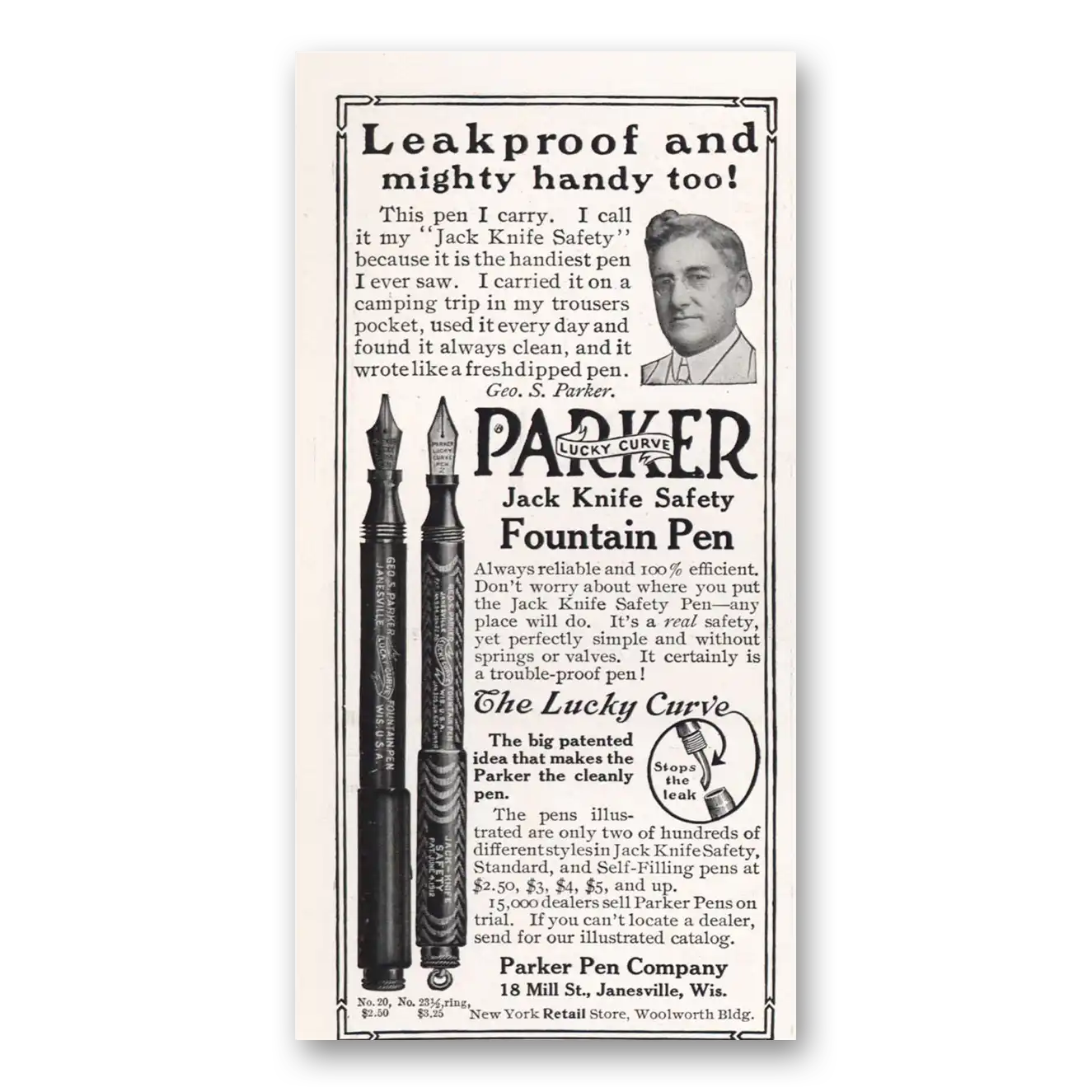 1913 Parker Fountain Pen Jack Knife Safety Fountain Pen Vintage Magazine Print Ad