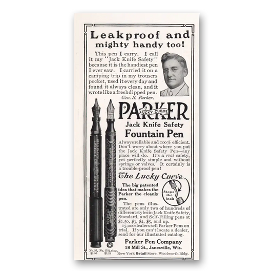 1913 Parker Fountain Pen Jack Knife Safety Fountain Pen Vintage Magazine Print Ad