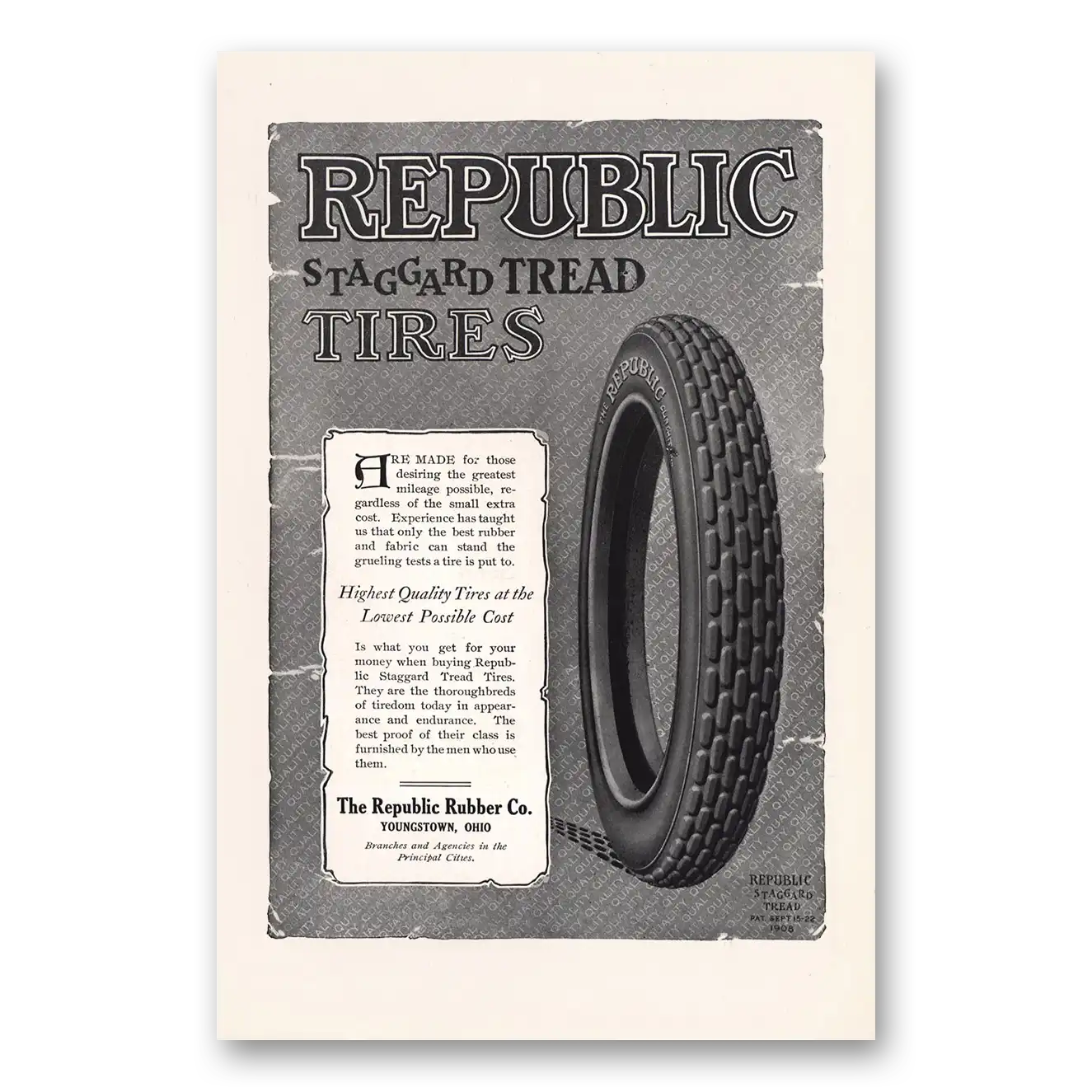 1913 Republic Tires Staggard Tread Vintage Magazine Print Ad