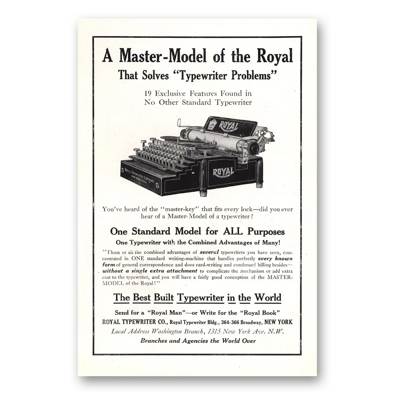 1913 Royal Typewriter Master Model of the Royal Solves Typewriter Problems Vintage Magazine Print Ad