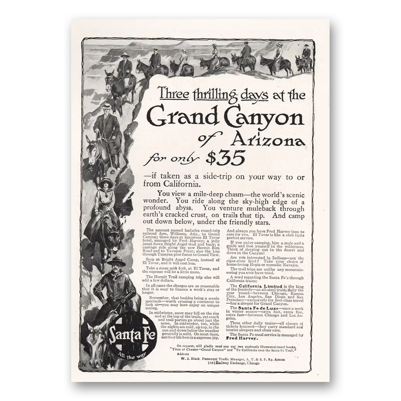 1913 Santa Fe Railway Grand Canyon of Arizona Vintage Magazine Print Ad