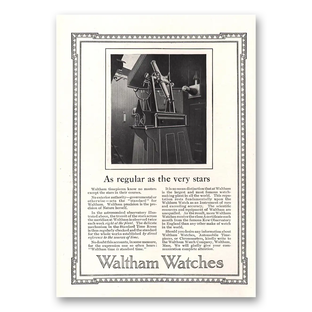 1913 Waltham Watch As Regular As the Very Stars Vintage Magazine Print Ad