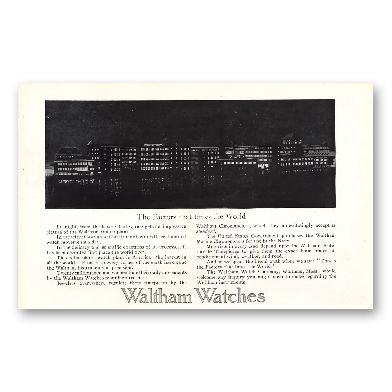 1913 Waltham Watch Factory That Times the World Vintage Magazine Print Ad