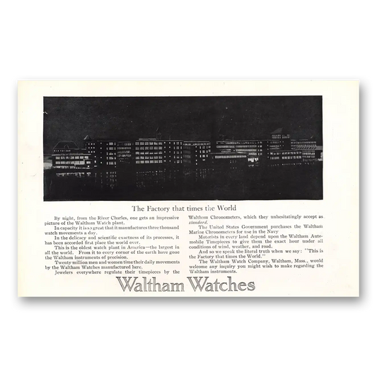 1913 Waltham Watch Factory That Times the World Vintage Magazine Print Ad