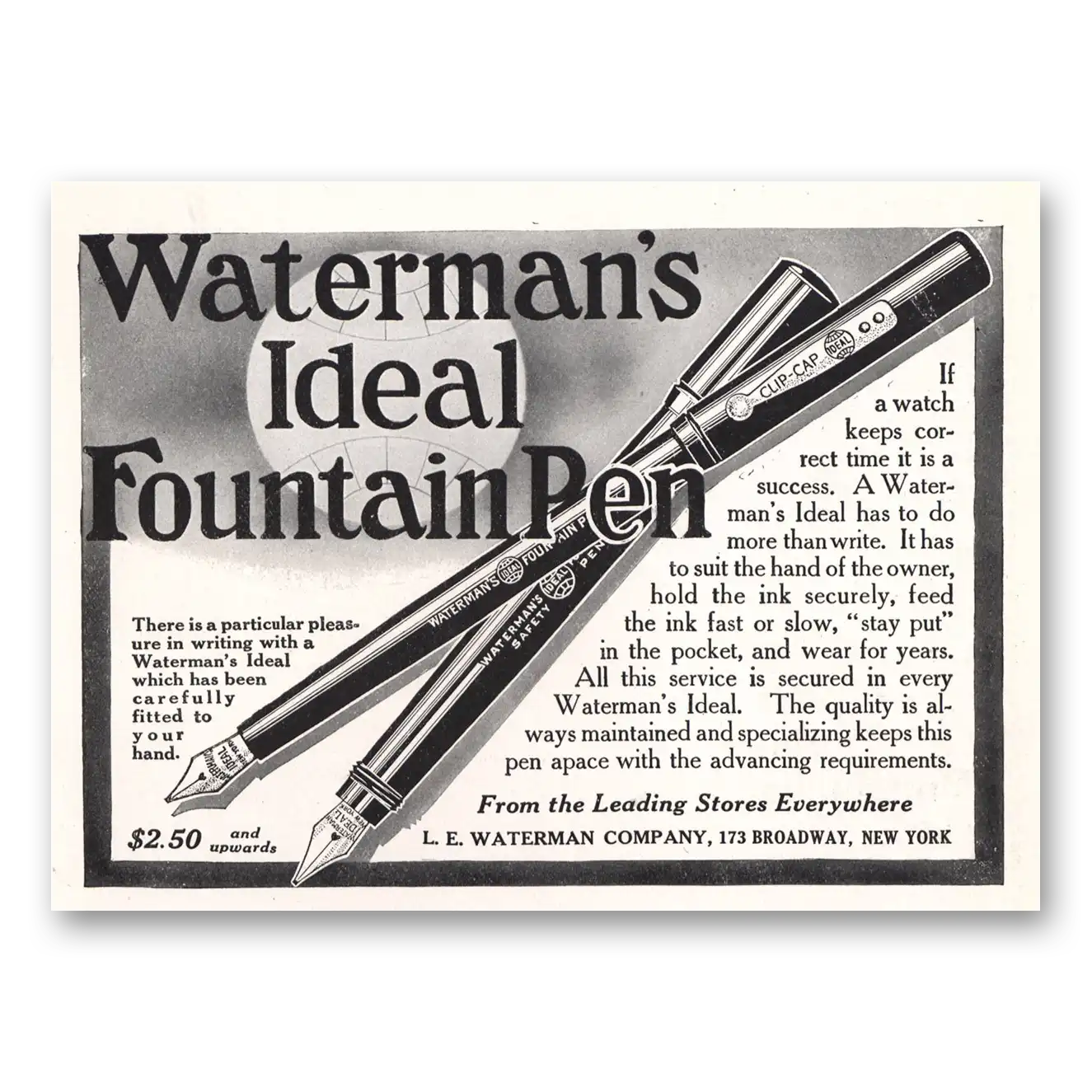 1913 Watermans Ideal Fountain Pen Keeps Correct Time Vintage Magazine Print Ad