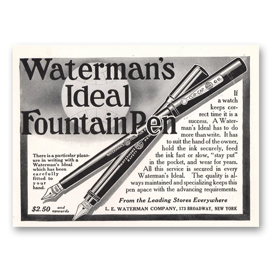 1913 Watermans Ideal Fountain Pen Keeps Correct Time Vintage Magazine Print Ad