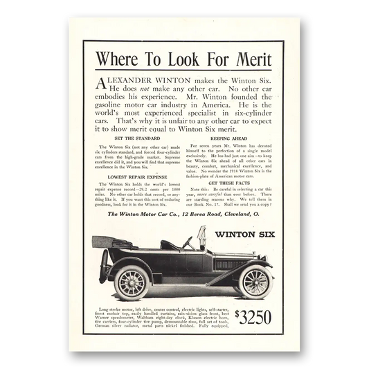 1913 Winston Six Where To Look for Merit Vintage Magazine Print Ad