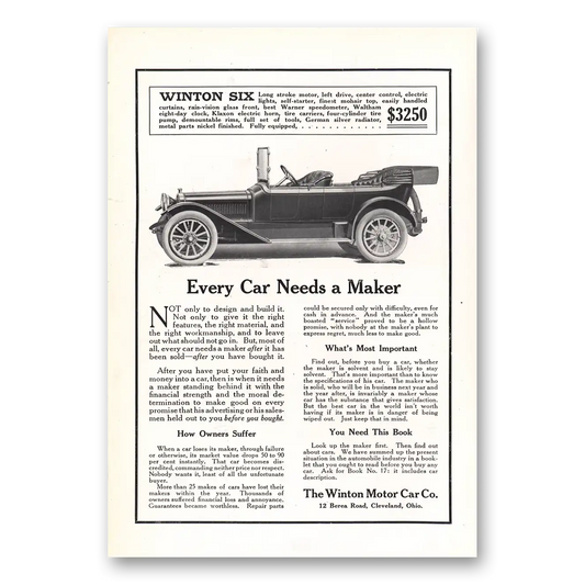 1913 Winston Six Every Car Needs a Maker Vintage Magazine Print Ad