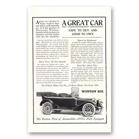 1913 Winston Six Great Car Safe to Buy Vintage Magazine Print Ad