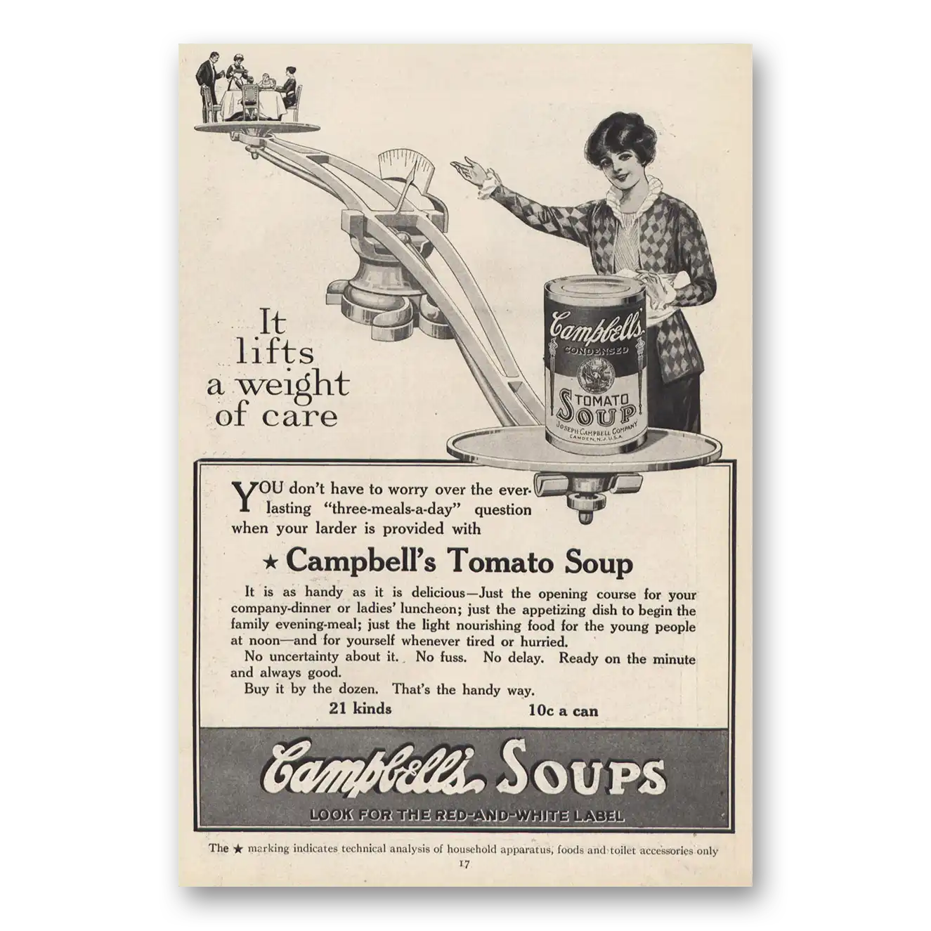 1914 Campbells Tomato Soup Lifts a Weight of Care Vintage Magazine Print Ad