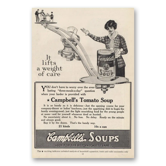 1914 Campbells Tomato Soup Lifts a Weight of Care Vintage Magazine Print Ad