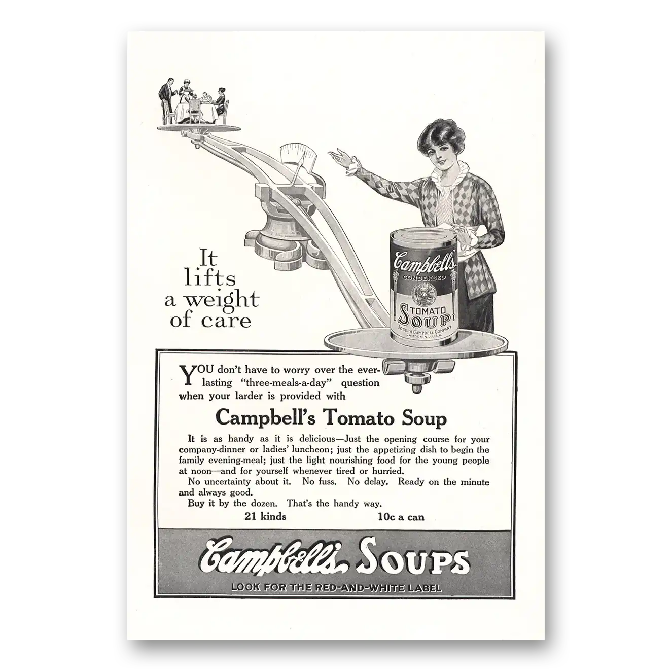 1914 Campbells Tomato Soup Lifts Weight of Care Vintage Magazine Print Ad