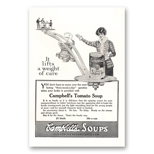 1914 Campbells Tomato Soup Lifts Weight of Care Vintage Magazine Print Ad