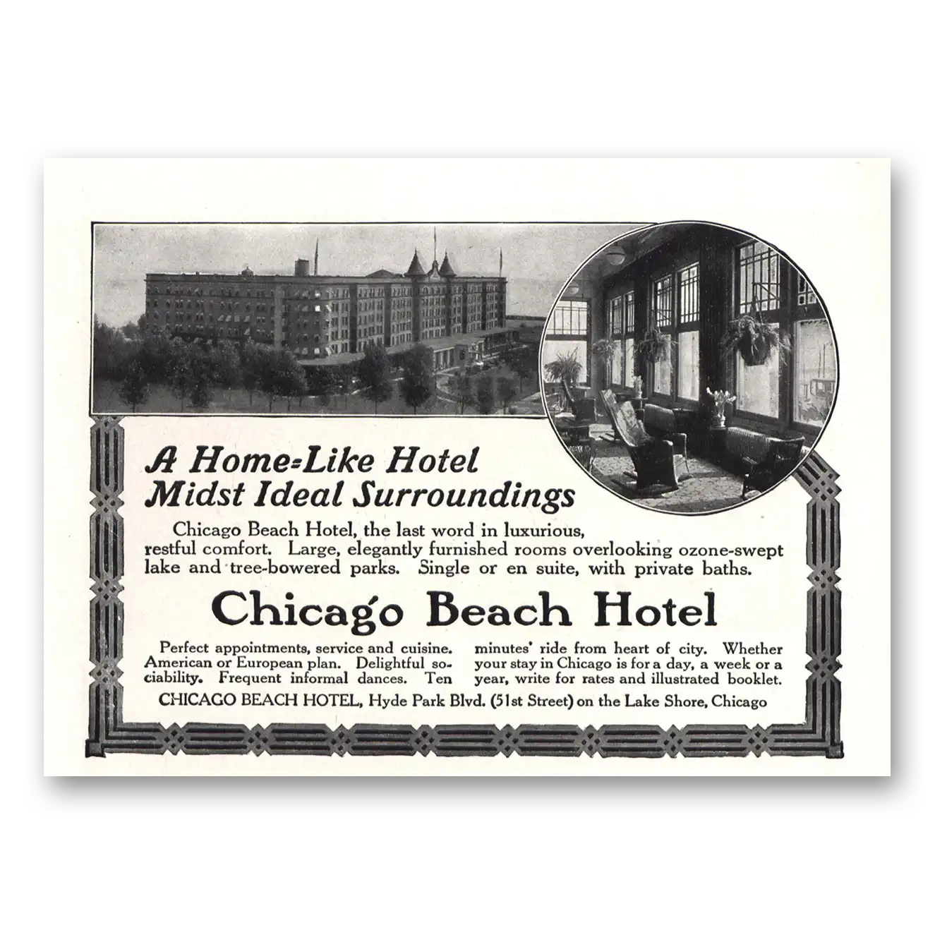 1914 Chicago Beach Hotel Home Like Hotel Midst Ideal Surroundings Vintage Magazine Print Ad