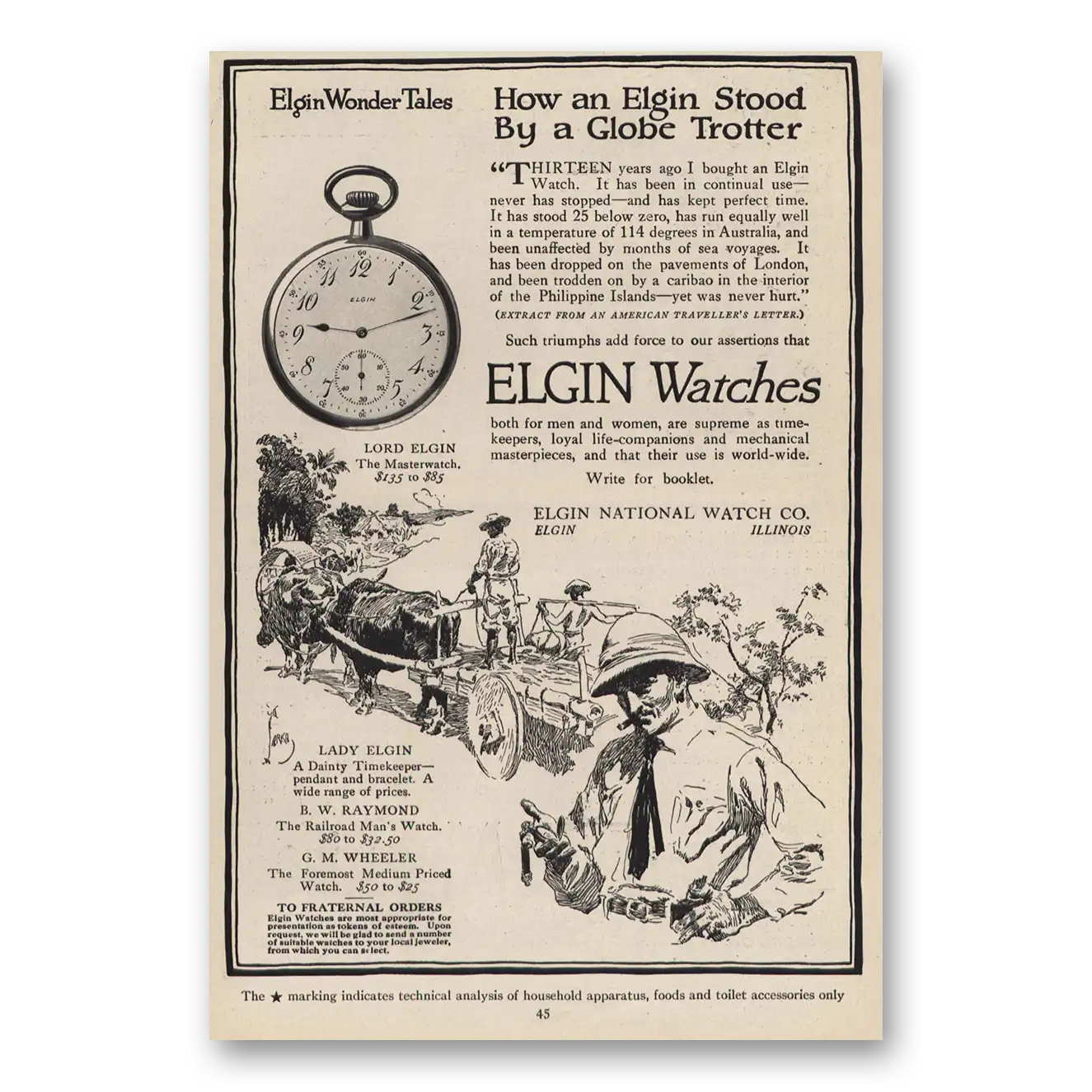 1914 Elgin Watch Stood By a Globe Trotter Vintage Magazine Print Ad