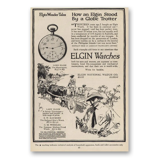 1914 Elgin Watch Stood By a Globe Trotter Vintage Magazine Print Ad