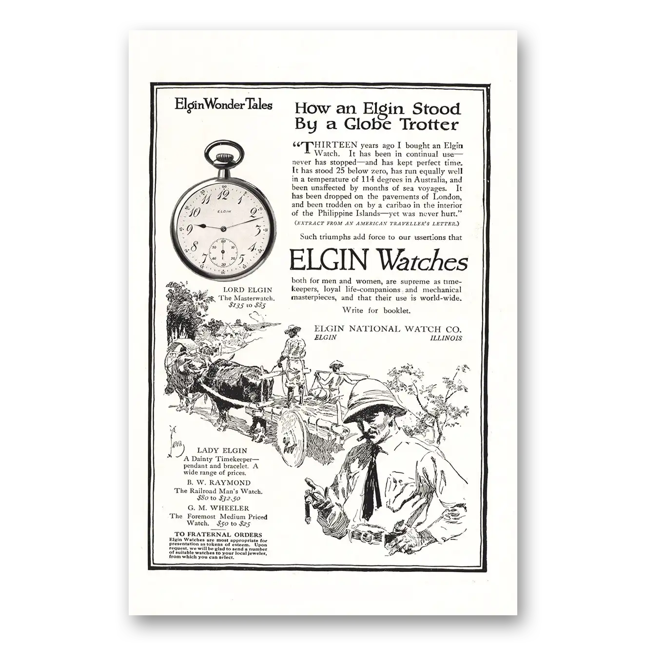 1914 Elgin Watch Elgin Stood By Globe Trotter Vintage Magazine Print Ad