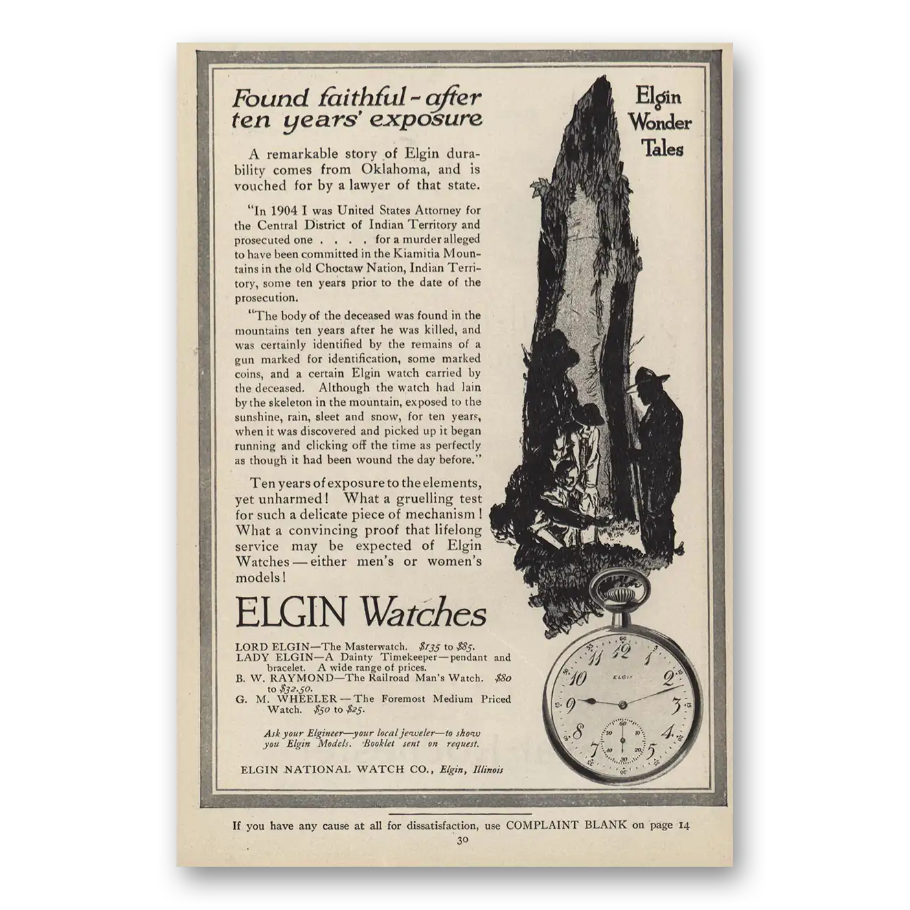 1914 Elgin Watch Found Faithful After Ten Years Vintage Magazine Print Ad