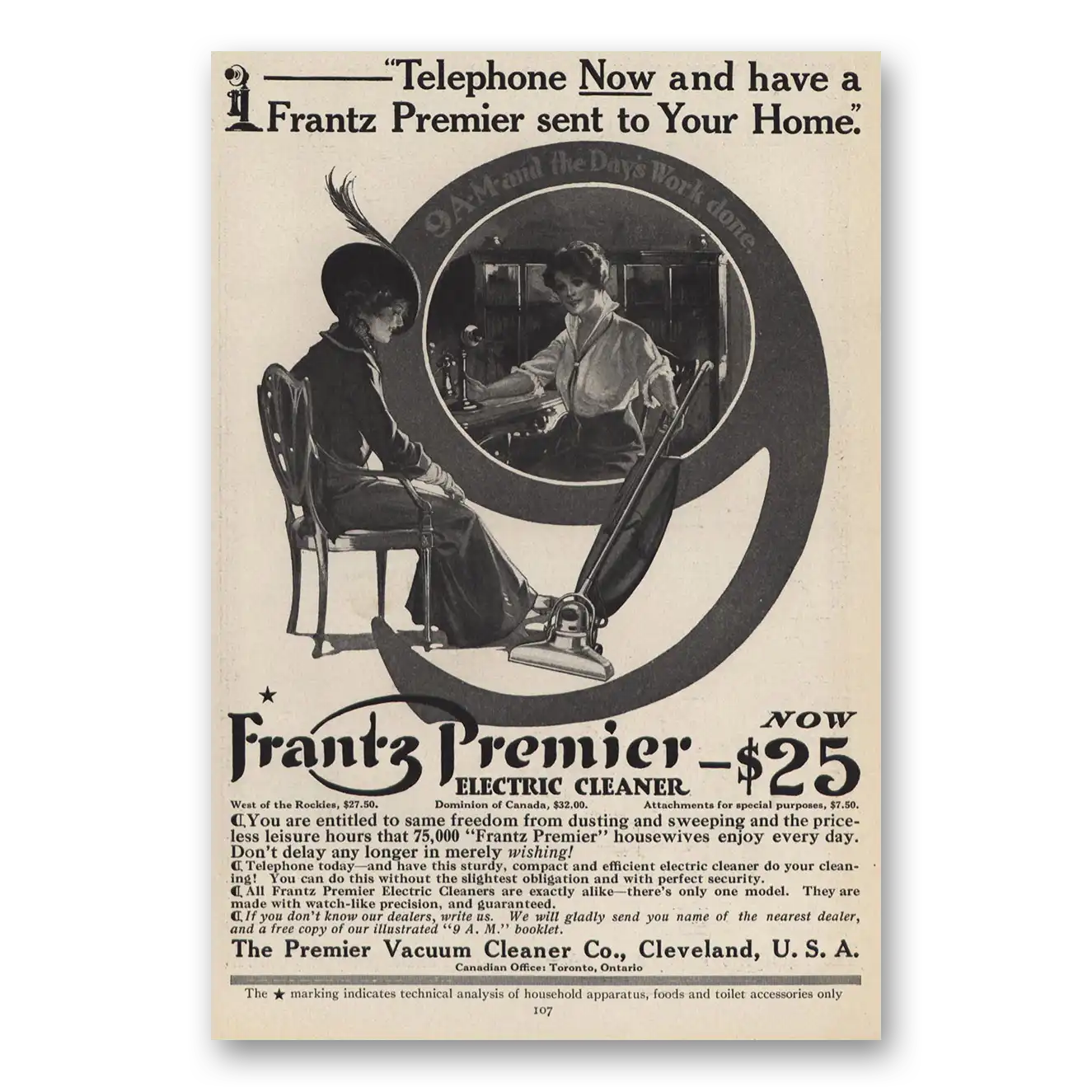 1914 Frantz Premier Electric Cleaner Telephone Now Vintage Magazine Print Ad