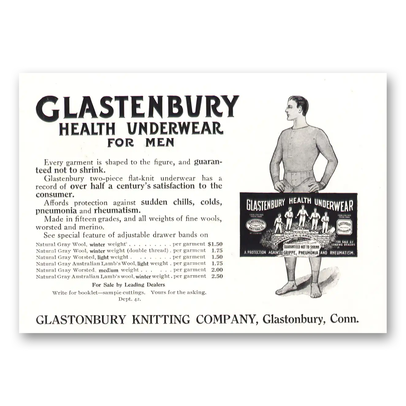 1914 Glastonbury Knitting Health Underwear for Men Vintage Magazine Print Ad