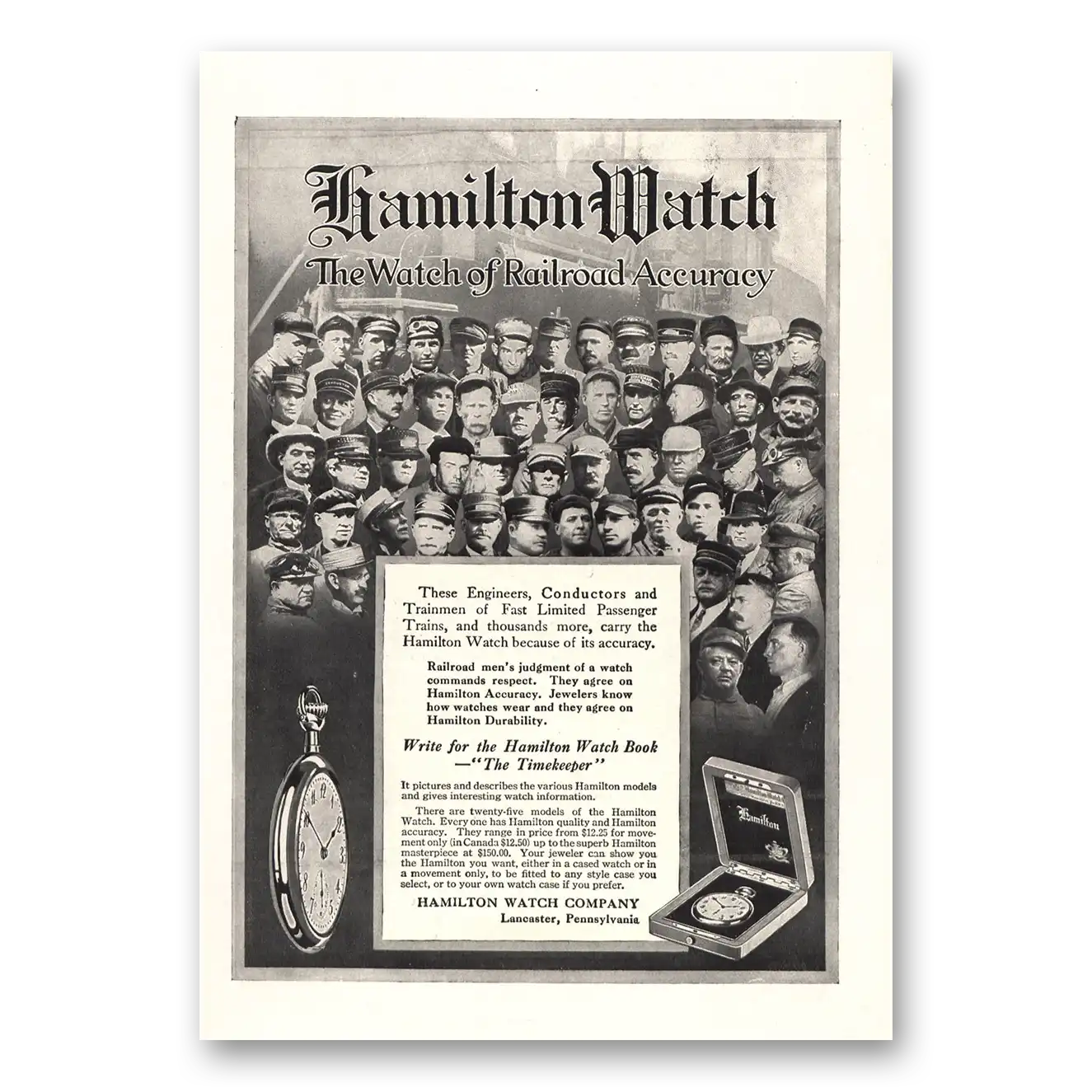 1914 Hamilton Watch Engineers Conductors and Trainmen Vintage Magazine Print Ad